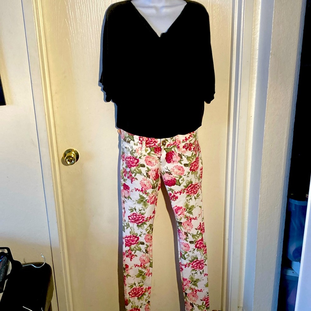 Usyeev floral jeans and drape front army green shirt from Halston